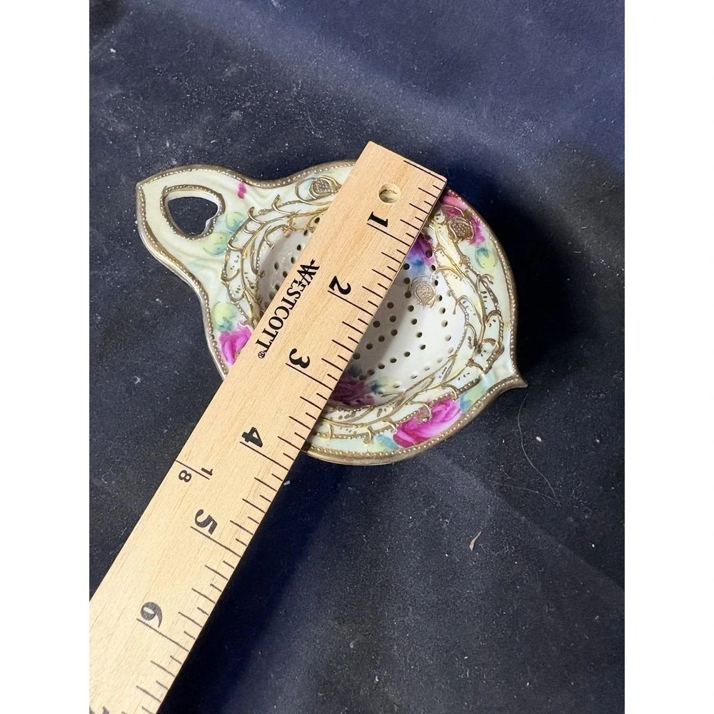 Antique Floral Porcelain Tea Strainer & Drip Bowl Base w/ Gold Gilded Accents